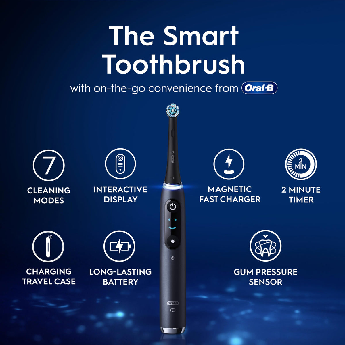 Oral-B iO9 Electric Toothbrush for Adults, Black, App Connected Handle, 7 Cleaning Modes, Includes 3 Brush Heads, Charging Travel Case and Head Holder, Long-Lasting Battery for Home Travel, 2 Pin Plug