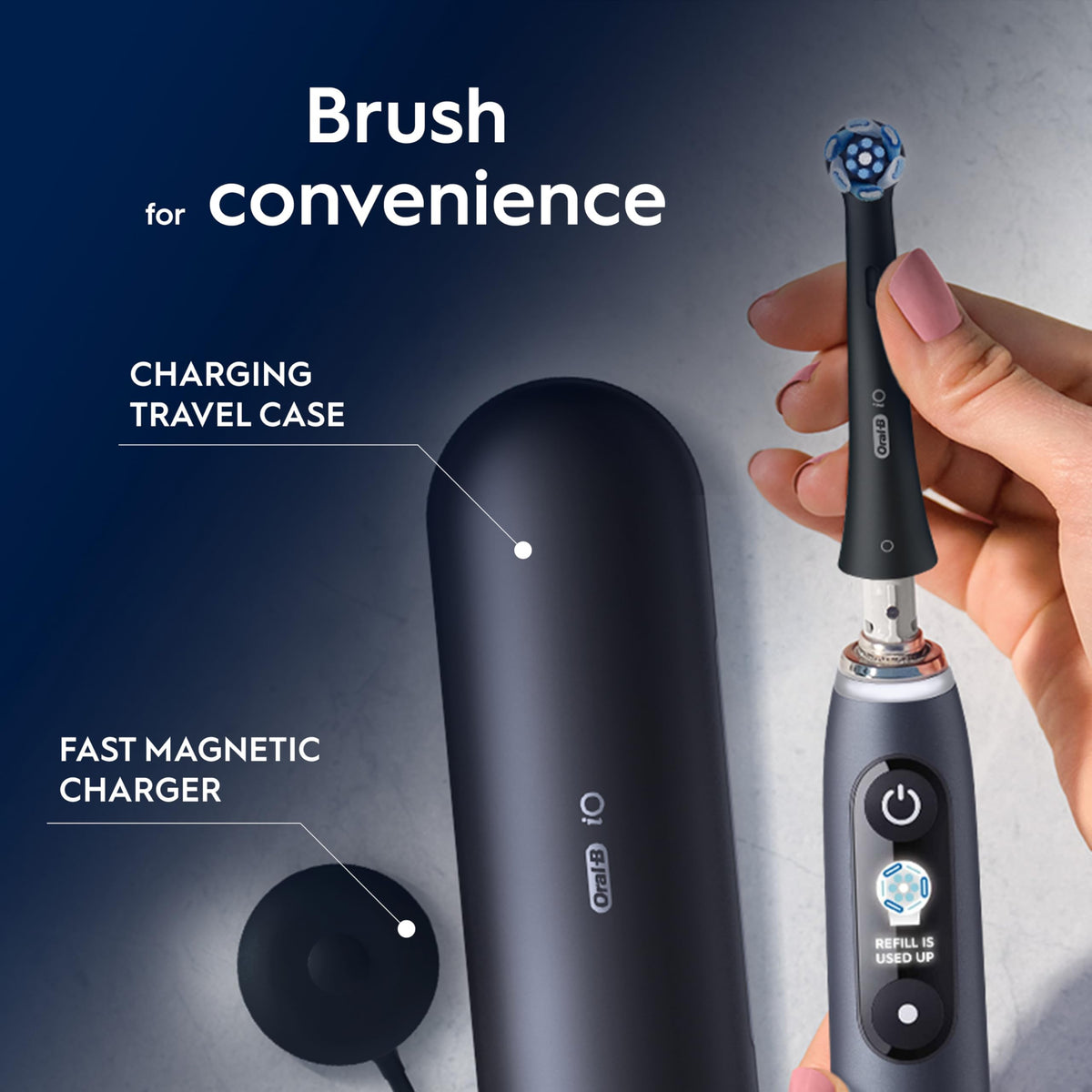 Oral-B iO9 Electric Toothbrush for Adults, Black, App Connected Handle, 7 Cleaning Modes, Includes 3 Brush Heads, Charging Travel Case and Head Holder, Long-Lasting Battery for Home Travel, 2 Pin Plug