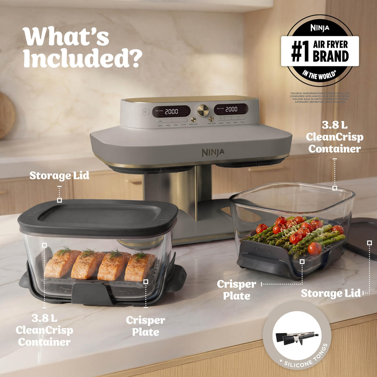 Ninja CRISPi DualZone 2-basket Glass Air Fryer, 8 Cooking Functions, Cook Two Foods at The Same Time, PFAS-Free Glass Containers, Includes Storage Lids, Stone Gold DD103UKSD1