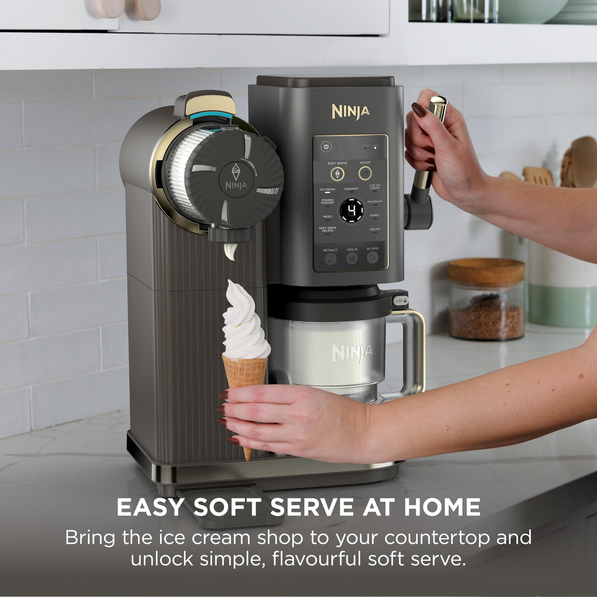 Ninja CREAMi Scoop and Swirl Soft Serve and Ice Cream Maker with 2x Tubs, 13 Functions, Makes Ice Cream, Soft Serve, Gelato, Sorbet, Milkshakes and More, Mix-In Option, Mocha NC701UKBR