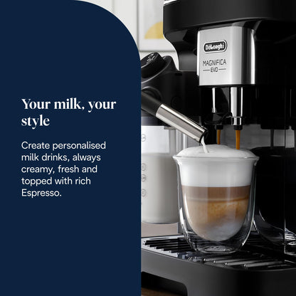 De'Longhi Magnifica Evo, Bean to Cup Coffee and Cappuccino Maker, 1450 watts, 250g bean container, 1.8L water container, ECAM292.81.B, Plastic, Black