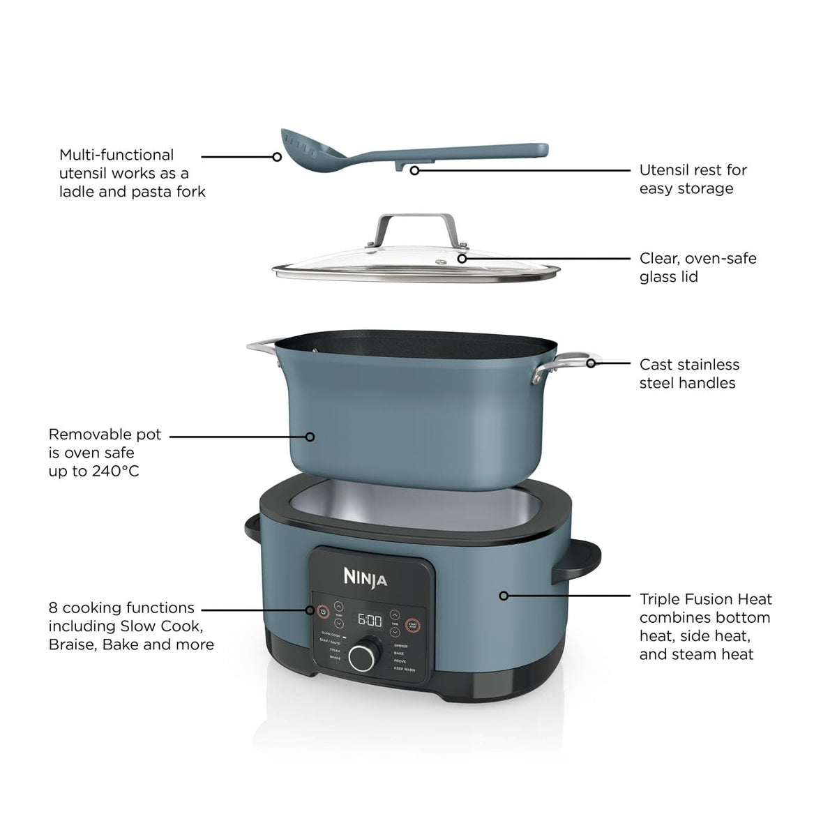 Ninja Foodi PossibleCooker, 8-in-1 Slow Cooker, 8L, Sea Salt Grey, MC1001UK