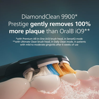 Philips Sonicare Next-Generation DiamondClean 9900 Prestige Sonic Electric Toothbrush − with SenseIQ, Coverage Feedback, Pressure Feedback and 24 Settings, Quartz Black, HX9815/92