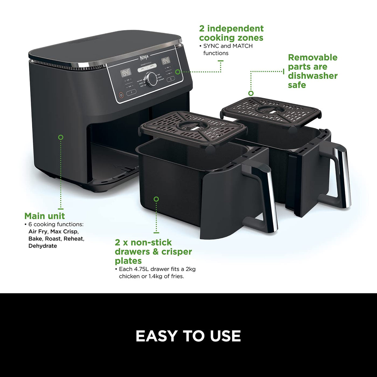 Ninja Foodi MAX Dual Zone 9.5L Air Fryer, 2 Drawers, Black AF400UK