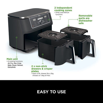 Ninja Foodi MAX Dual Zone 9.5L Air Fryer, 2 Drawers, Black AF400UK