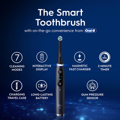 Oral-B iO9 Electric Toothbrush for Adults, Black, App Connected Handle, 7 Cleaning Modes, Includes 3 Brush Heads, Charging Travel Case and Head Holder, Long-Lasting Battery for Home Travel, 2 Pin Plug