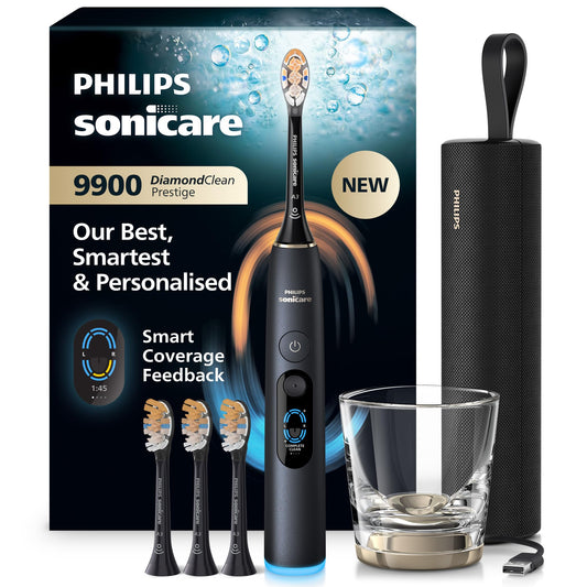 Philips Sonicare Next-Generation DiamondClean 9900 Prestige Sonic Electric Toothbrush − with SenseIQ, Coverage Feedback, Pressure Feedback and 24 Settings, Quartz Black, HX9815/92