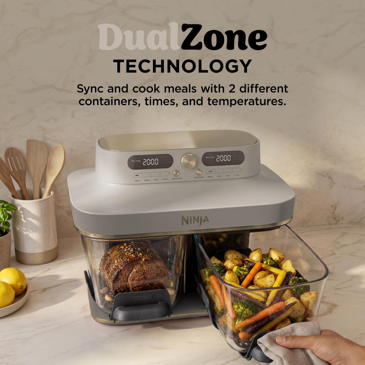 Ninja CRISPi DualZone 2-basket Glass Air Fryer, 8 Cooking Functions, Cook Two Foods at The Same Time, PFAS-Free Glass Containers, Includes Storage Lids, Stone Gold DD103UKSD1
