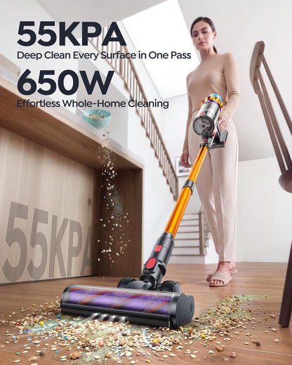 80Mins Cordless Vacuum Cleaner, 650W 55Kpa Stick Vacuum Cleaner for Home