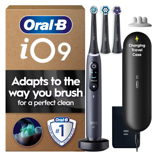 Oral-B iO9 Electric Toothbrush for Adults, Black, App Connected Handle, 7 Cleaning Modes, Includes 3 Brush Heads, Charging Travel Case and Head Holder, Long-Lasting Battery for Home Travel, 2 Pin Plug
