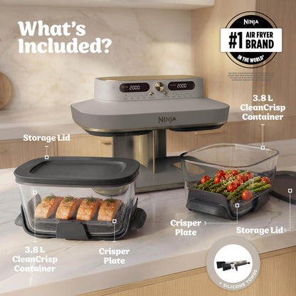 Ninja CRISPi DualZone 2-basket Glass Air Fryer, 8 Cooking Functions, Cook Two Foods at The Same Time, PFAS-Free Glass Containers, Includes Storage Lids, Stone Gold DD103UKSD1