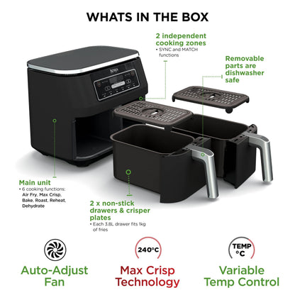 Ninja Foodi 6-in-1 Dual Zone 7.6L Air Fryer, 2 Drawers, Black AF300UK