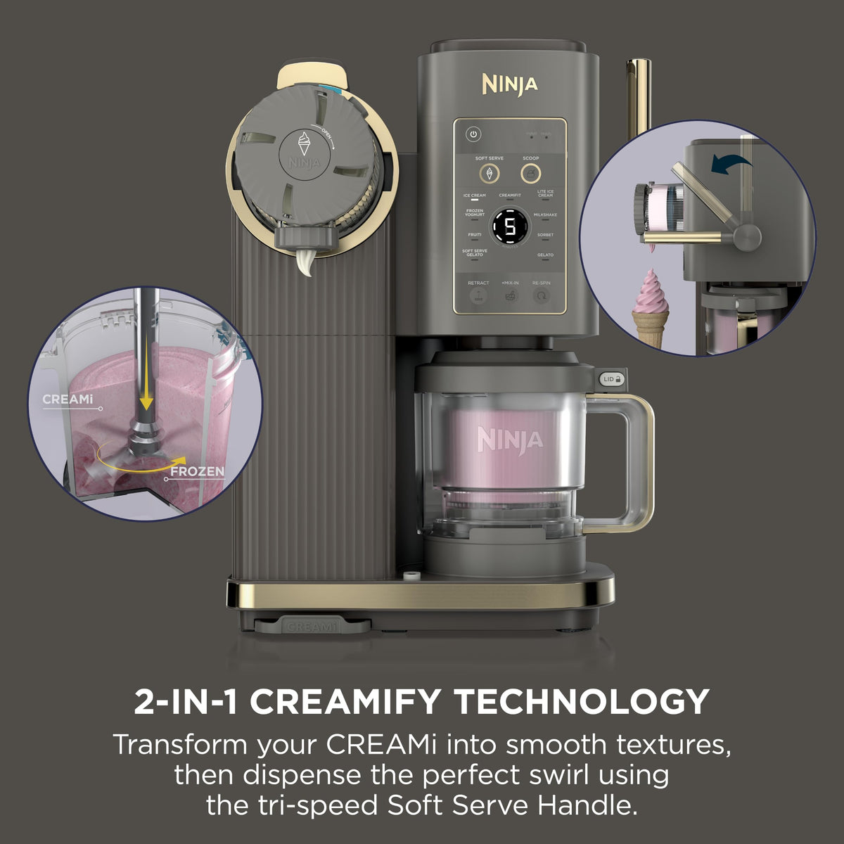 Ninja CREAMi Scoop and Swirl Soft Serve and Ice Cream Maker with 2x Tubs, 13 Functions, Makes Ice Cream, Soft Serve, Gelato, Sorbet, Milkshakes and More, Mix-In Option, Mocha NC701UKBR