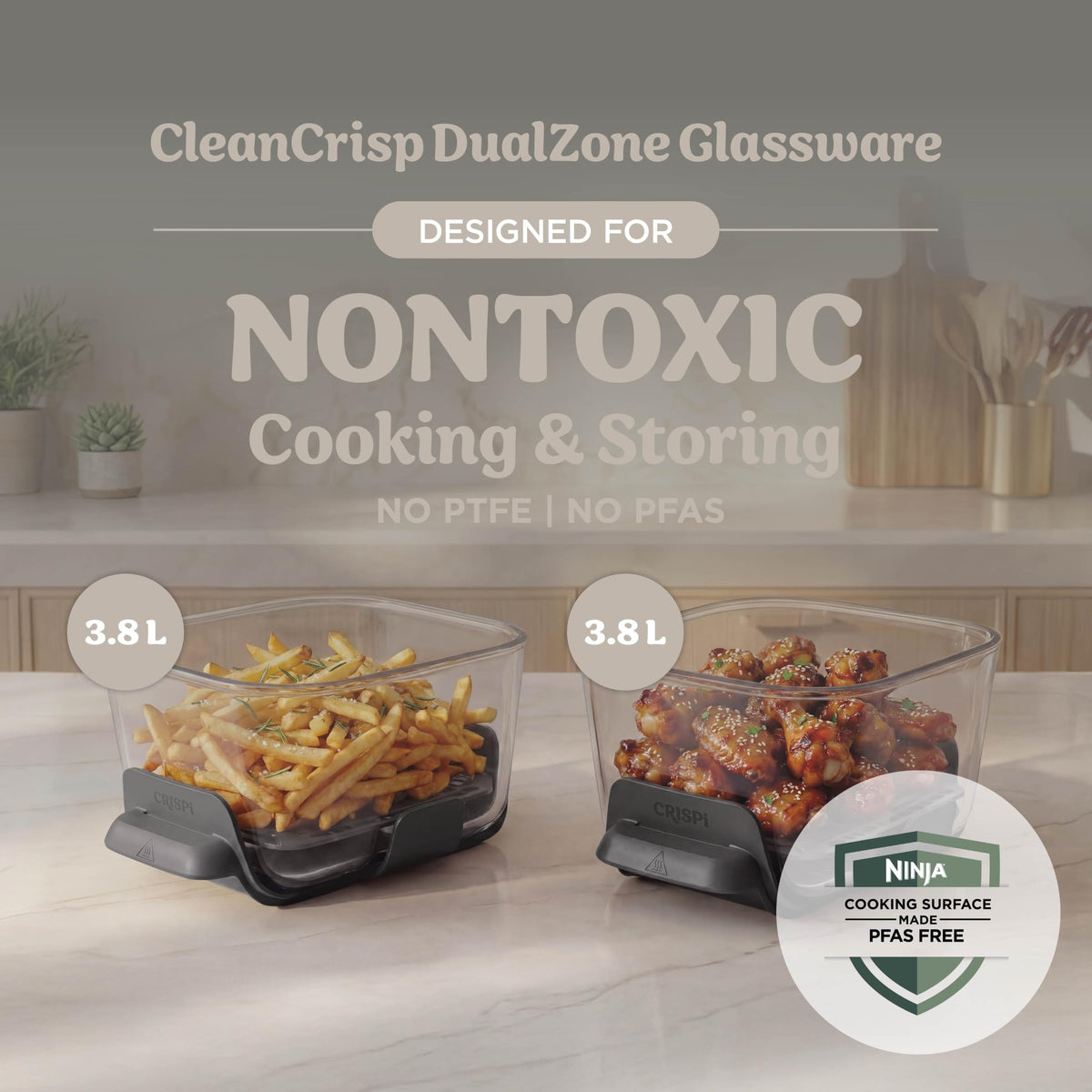 Ninja CRISPi DualZone 2-basket Glass Air Fryer, 8 Cooking Functions, Cook Two Foods at The Same Time, PFAS-Free Glass Containers, Includes Storage Lids, Stone Gold DD103UKSD1